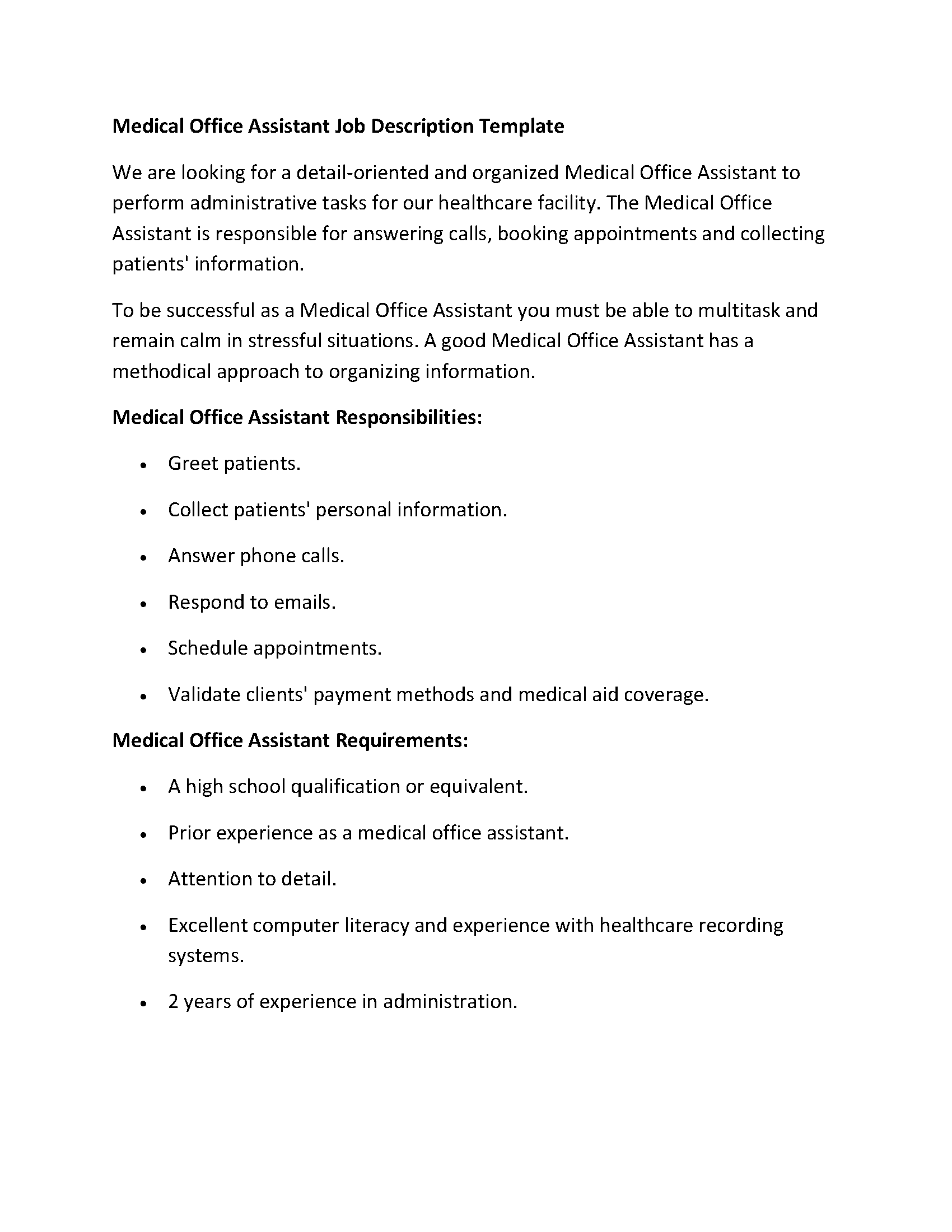 Medical Office Assistant Job Description Template